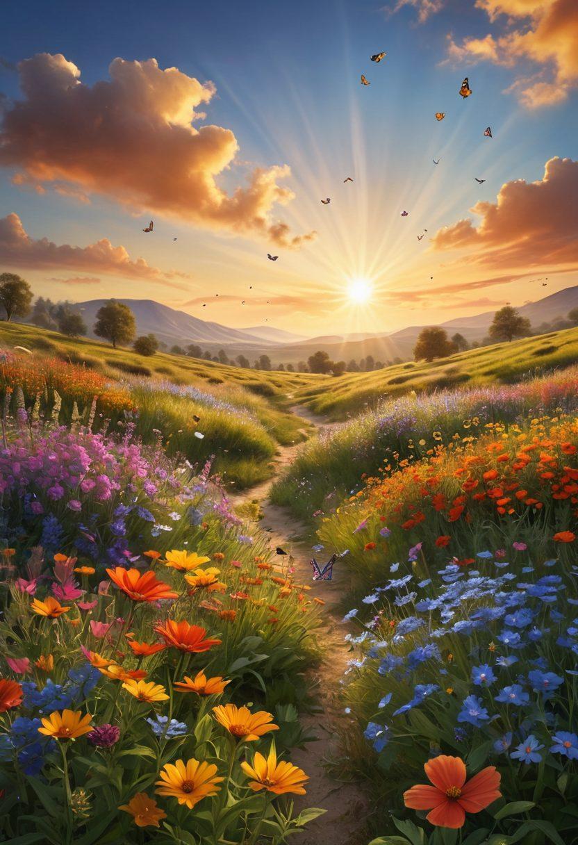 A serene landscape featuring a sunlit meadow filled with colorful wildflowers and butterflies, symbolizing joy and peace. In the foreground, a diverse group of individuals are engaging in joyful activities like laughing, sharing stories, and meditating. The sky is bright and clear, suggesting a sense of limitless potential and positivity. Soft, warm colors to evoke feelings of happiness and tranquility. super-realistic. vibrant colors. 3D.