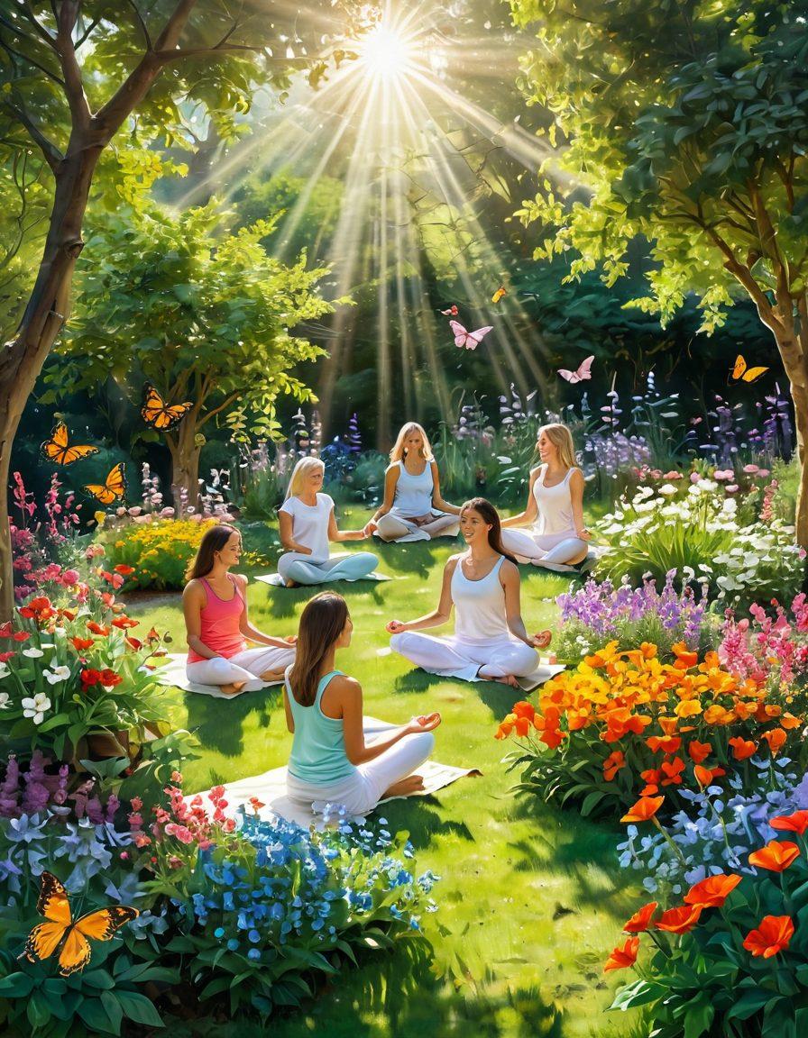 A serene scene featuring a blossoming garden with vibrant flowers in full bloom, where a diverse group of people are joyfully engaging in activities like meditation, laughter, and yoga. Bright sun rays illuminate the scene, symbolizing positivity and emotional wellness, while butterflies flutter around, representing transformation. Soft pastel colors create a calming atmosphere. painting. vibrant colors. natural light.
