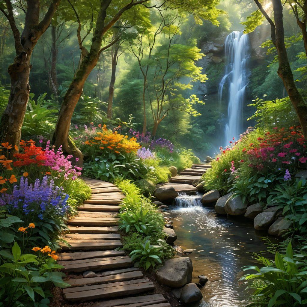 A serene landscape depicting a winding pathway through a vibrant forest filled with colorful flowers and lush greenery, symbolizing the journey of emotional wellness. Soft sunlight filters through the trees, casting a warm glow over the scene, while gentle waterfalls flow nearby. Include a figure meditating peacefully along the path, surrounded by symbols of joy and fulfillment like butterflies and blooming flowers, conveying a sense of tranquility and growth. super-realistic. vibrant colors. tranquil atmosphere.